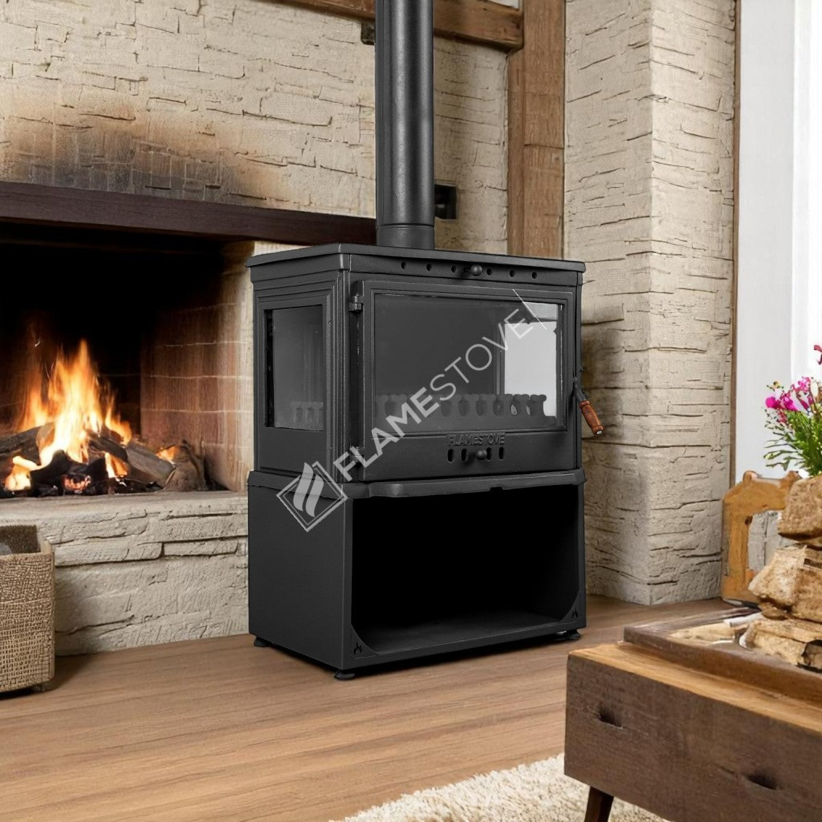 FS-042YKST Flame Stove Retro Lux YK Stil Döküm Soba, Yan Kapaklı, Odunluklu, 3 Camlı, 10 kW 9