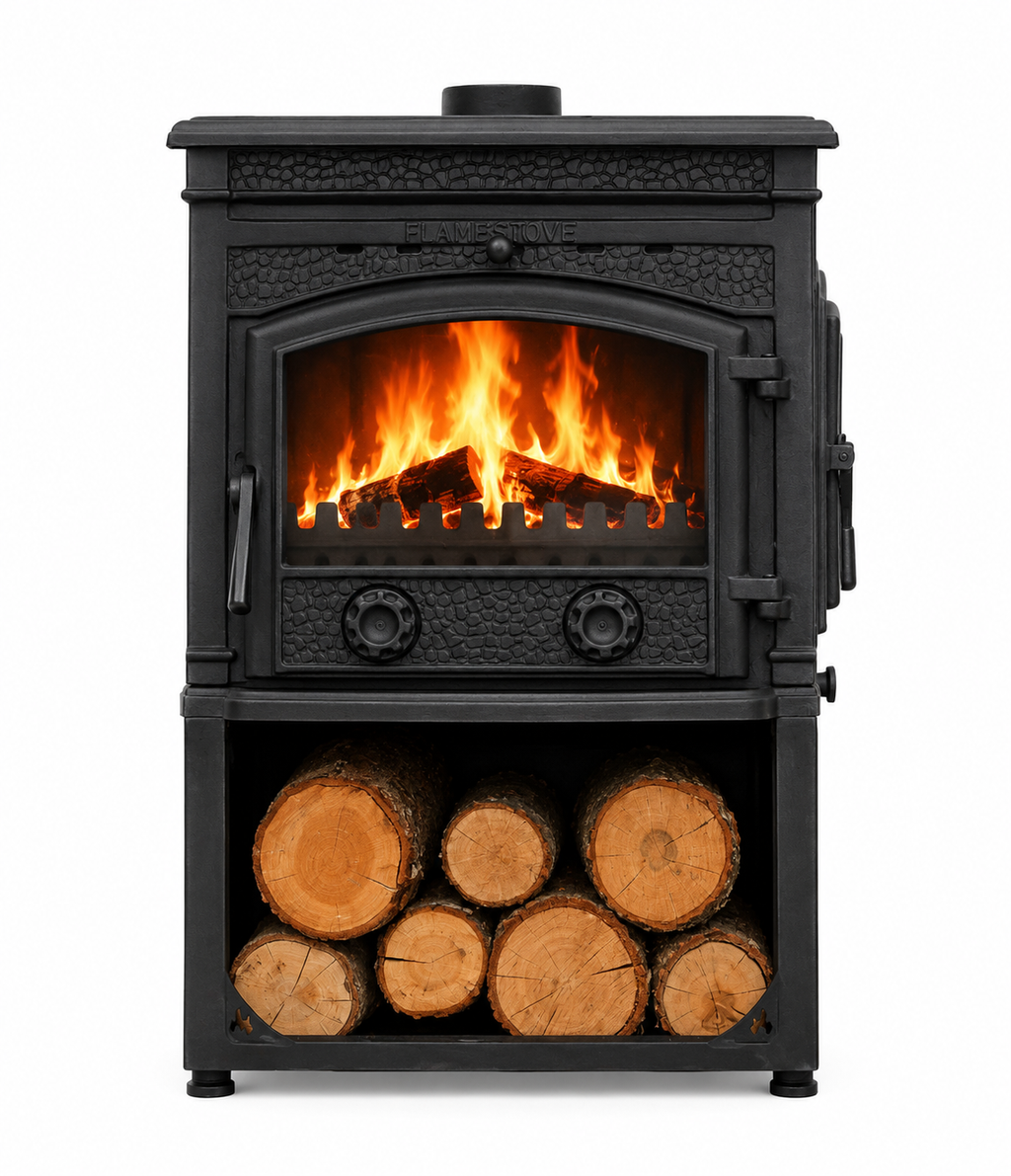FS-016YKST Flame Stove Sirius Star Yüksek Verimli Döküm Soba Yan Kapaklı Odunluklu, Schott-Robax Camlı, Odun Kömür 2