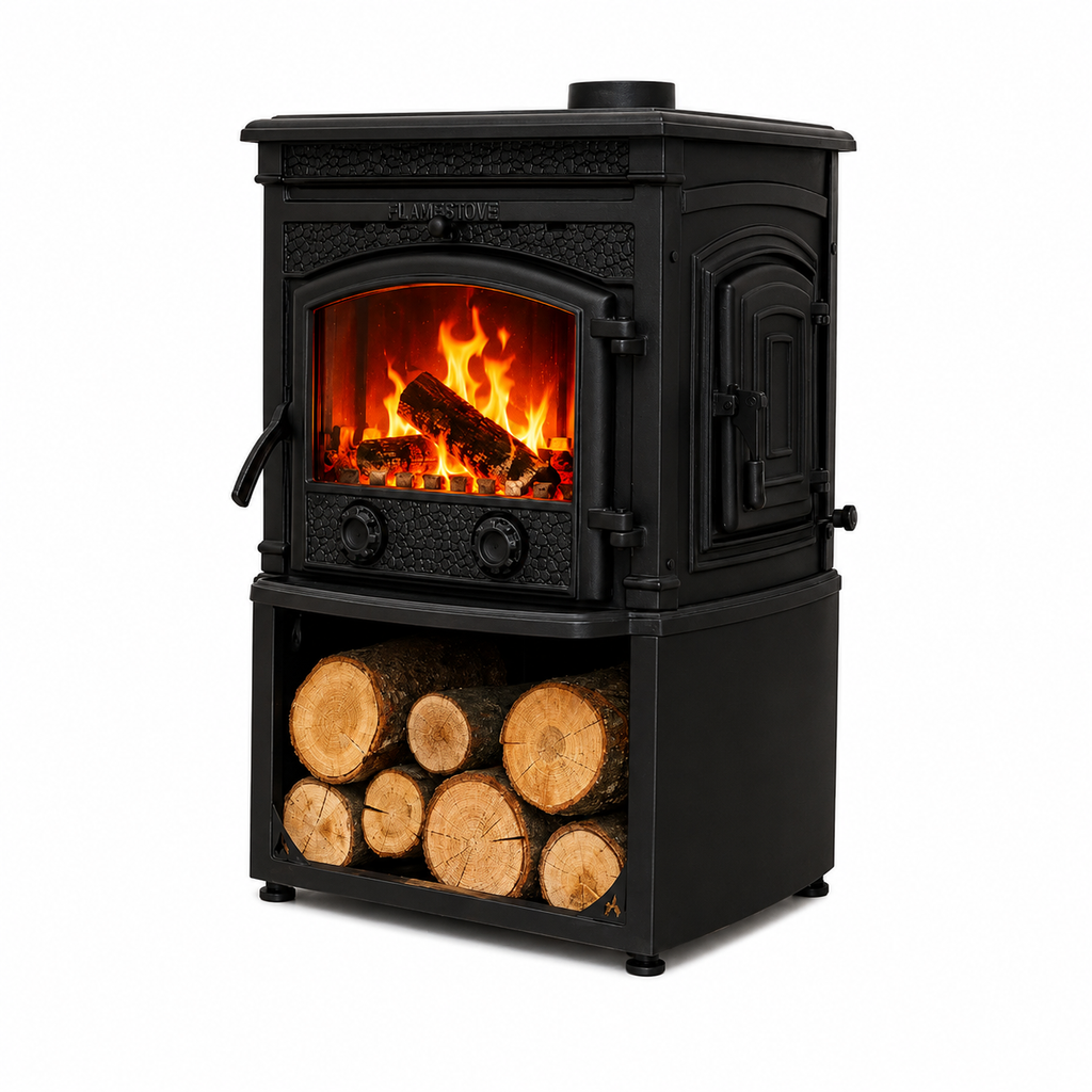 FS-016YKST Flame Stove Sirius Star Yüksek Verimli Döküm Soba Yan Kapaklı Odunluklu, Schott-Robax Camlı, Odun Kömür 1