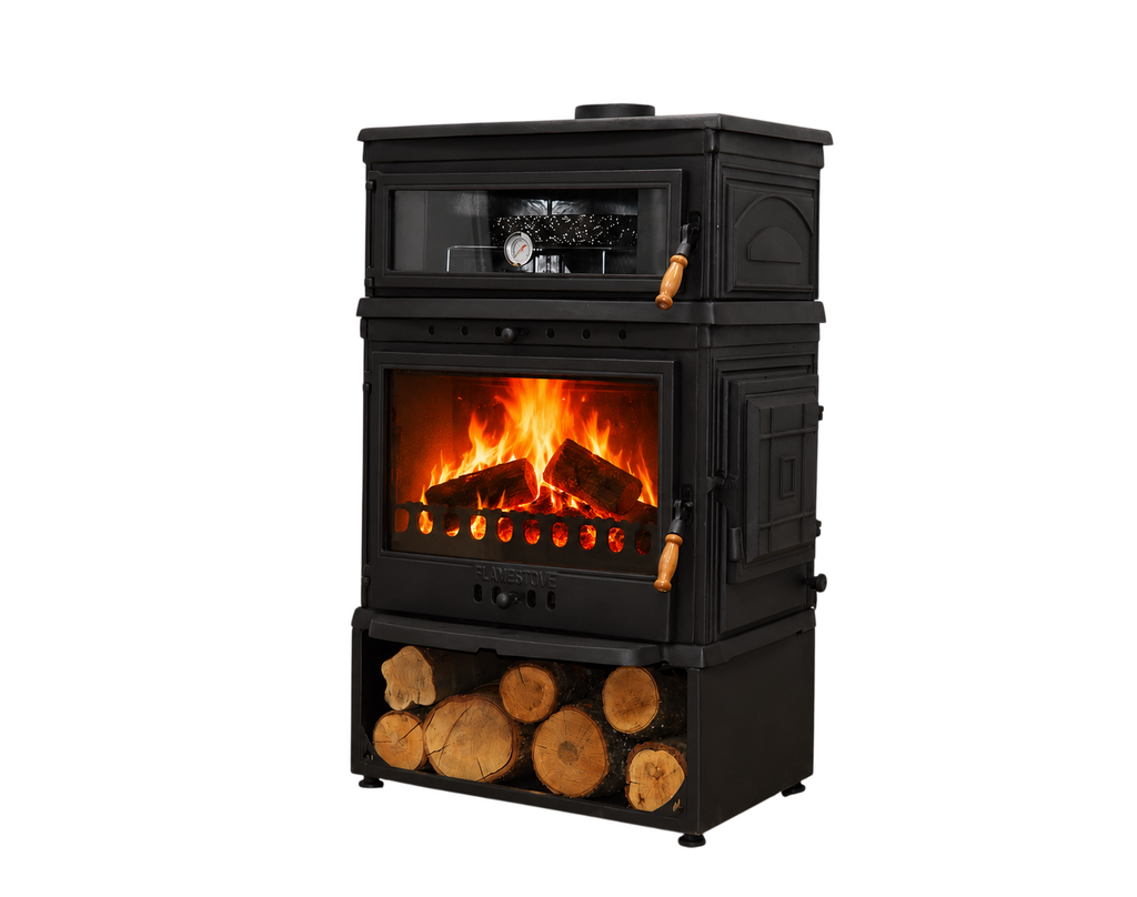FS-044YKST Flame Stove Retro Dik Fırınlı Odun Sobası, Yan Kapaklı, Çift Yanmalı, Schott Robax Camlı, 13 kW 1