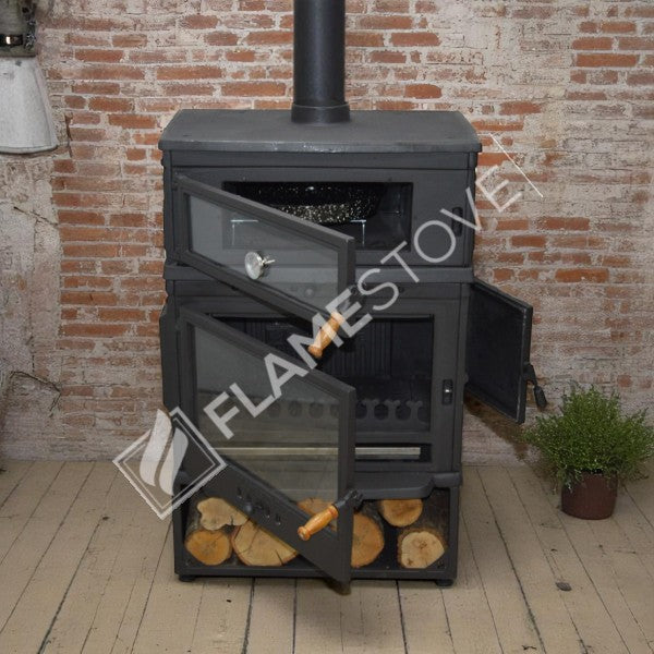 FS-044YKST Flame Stove Retro Dik Fırınlı Odun Sobası, Yan Kapaklı, Çift Yanmalı, Schott Robax Camlı, 13 kW 5