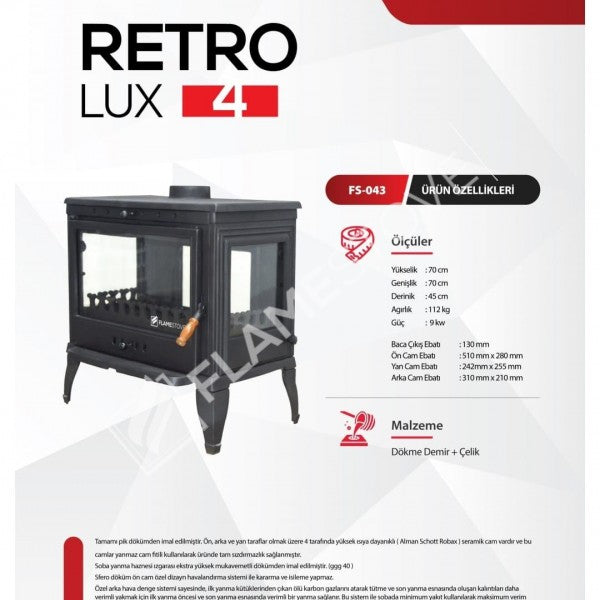 FS-043 Flame Stove 3 Camlı Döküm Soba: Yüksek Verimli Odun Kömür Isıtıcı 9