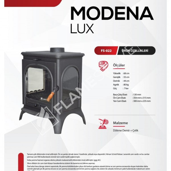 FS-022 Flame Stove Modena Lux 3 Camlı Döküm Soba: Yüksek Verimli, Kül Boşaltmalı FS-022 11