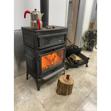 FLAMESTOVE FS-044 Retro Dik Tek Camlı Kuzineli Döküm 6