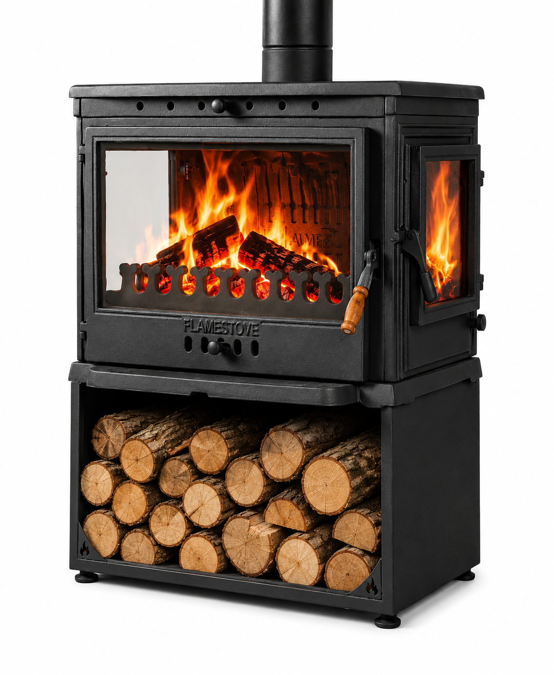 FS-042YKST Flame Stove Retro Lux YK Stil Döküm Soba, Yan Kapaklı, Odunluklu, 3 Camlı, 10 kW 1